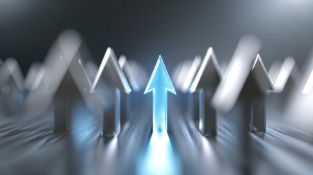 This image portrays a glowing arrow symbolizing growth and progress amidst a crowd of gray arrows. It emphasizes direction and motivation in an abstract setting, ideal for themes of success and innovation.の素材