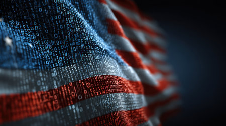 A close-up view of the American flag intertwined with binary code elements, representing the fusion of patriotism and modern technology in a digital age.の素材