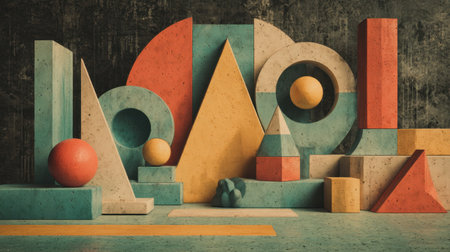 This artwork features an arrangement of colorful geometric shapes, including triangles, circles, and squares, set against a textured dark background, perfect for creative design projects.の素材