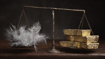 An artistic representation of balance, featuring shimmering gold bars contrasting with delicate soft feathers on an antique scale. This composition highlights the relationship between weight and luxury.の素材