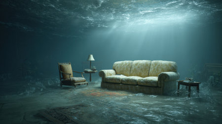 An ethereal scene featuring a submerged living room with a vintage couch and chair, illuminated by gentle light filtering through the water.の素材
