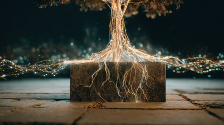 A stunning visual of a glowing tree with intricate roots and luminous trails, set against a nighttime cityscape, evoking a sense of magic and wonder.の素材