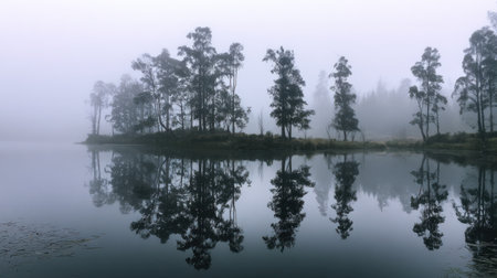 A serene view of a misty lake surrounded by tall trees, creating a tranquil atmosphere. The reflections in the still water enhance the beauty of nature.の素材