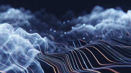 An enchanting abstract image featuring flowing waves with glowing lines and particles, ideal for technology-related themes or creative projects.の素材