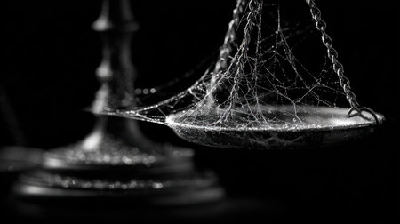 This striking monochrome image features a vintage balance scale draped in intricate spider webs, symbolizing neglect and the passage of time in a hauntingly beautiful manner.の素材