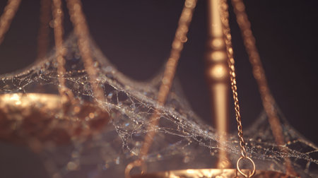 A close-up view of golden scales of justice adorned with cobwebs, representing the neglect within the legal system and evoking a sense of abandonment.の素材