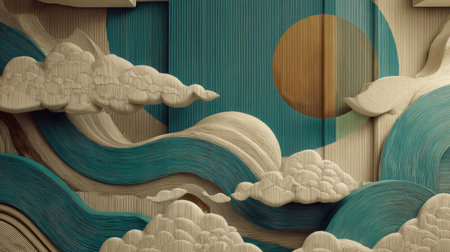 This abstract artwork features stylized waves and clouds against a warm sun backdrop, creating a calming atmosphere ideal for modern decor.の素材