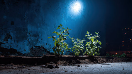 This image captures the serene growth of green plants in an urban environment, illuminated softly against a dark blue background, showcasing nature's resilience.の素材