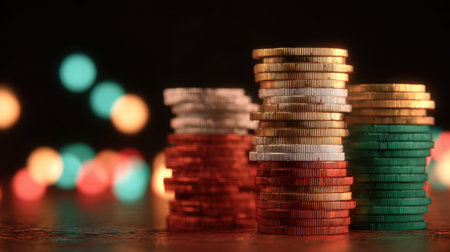 A captivating image showcasing stacks of coins in vibrant colors against a blurred, colorful background, symbolizing finance, wealth, and investment.の素材