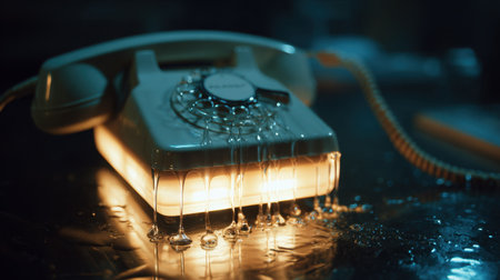 A surreal vintage telephone with water dripping down its surface. The soft illumination creates a moody and artistic atmosphere, capturing nostalgia and emotion.の素材