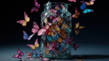 A striking image of colorful butterflies emerging from a glass jar, symbolizing freedom and beauty. The delicate, vibrant wings create a captivating visual experience.の素材