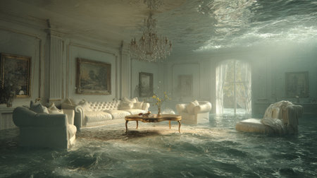 A captivating scene of a luxurious living room submerged in water, blending elegance with surreal elements, showcasing a tranquil atmosphere.の素材