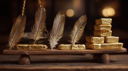 This artistic image features delicate golden feathers alongside gleaming gold bars balanced on a wooden scale, symbolizing luxury and value.の素材