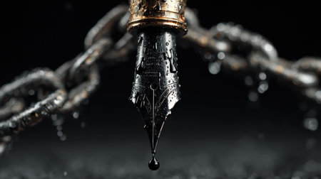 This captivating image features an elegant fountain pen with intricate details and water droplets, embodying the essence of creativity and writing.の素材