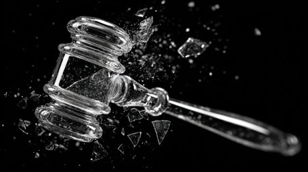 This striking image features a glass gavel shattering against a dark backdrop, representing concepts of justice, authority, and impact in a dramatic manner.の素材