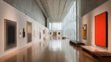 A serene modern art gallery showcases contemporary paintings, featuring an airy design, natural light, and polished wood floors, inviting artistic inspiration.の素材