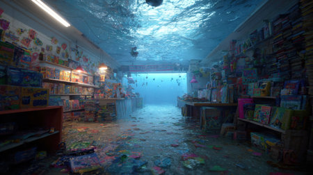 A surreal underwater scene of a children's bookstore where colorful toys and floating books create a whimsical, tranquil atmosphere.の素材