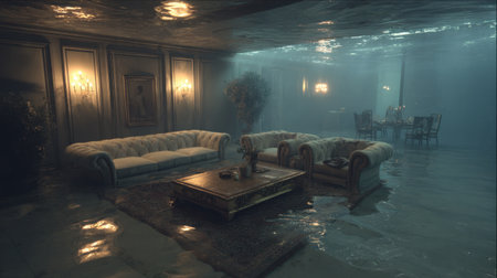 A captivating scene of a luxurious living room submerged in water, featuring elegant furniture and surreal lighting that creates a mysterious ambiance.の素材