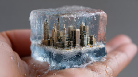 A stunning capture of a miniature city encased in ice, held delicately in a hand. This image evokes creativity and wonder, showcasing detailed architecture and a frozen landscape, merging art and nature in a unique composition.の素材