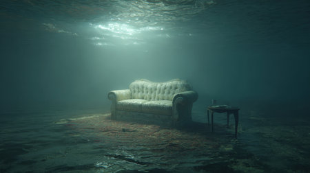 A captivating underwater scene showcases an elegant couch seated in tranquil blue water, illuminated by soft ambient light, creating a surreal atmosphere.の素材