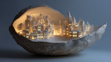 This artistic creation features a stunning miniature city nestled within a shell, illuminated softly to create a magical atmosphere. Perfect for showcasing creativity and design.の素材