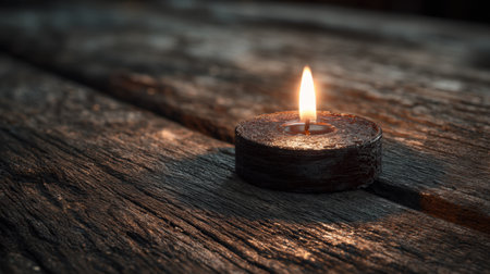 A serene candle flame atop a rustic wooden table creates a warm ambiance, offering a cozy atmosphere perfect for relaxation and mindfulness.の素材