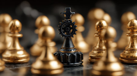 An artistic portrayal of a unique black gear chess piece surrounded by golden pawn pieces on a dark chessboard, highlighting strategic thinking.の素材