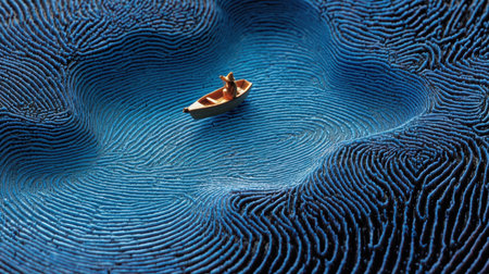 A mesmerizing scene featuring a miniature wooden boat sailing atop textured blue waves, evoking feelings of peace and exploration in a creative depiction.の素材