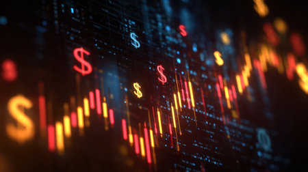 This vibrant digital illustration showcases colorful financial data visualizations, featuring stock market symbols and trading graphs.の素材