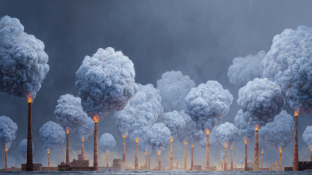An artistic representation of industrial smokestacks releasing thick smoke into the sky, symbolizing the serious issues of environmental pollution and climate change.の素材