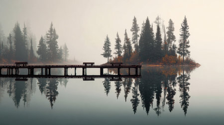 A tranquil scene of a misty lake featuring a wooden pier and silhouetted pine trees, creating serene reflections in the still water.の素材