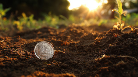 A close-up view of a coin resting on the rich brown earth, captured in natural sunlight with green plants in the background, symbolizing growth and value.の素材