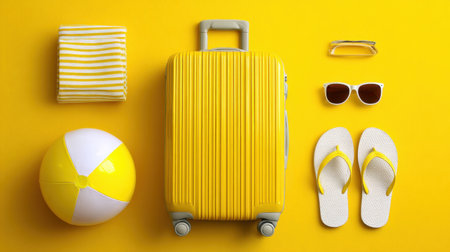 A vibrant flat lay of essential summer travel items including a bright yellow suitcase, beach ball, sunglasses, and flip flops on a sunny background.の素材