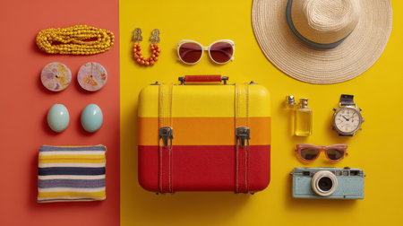 A vibrant flat lay illustrating stylish summer travel essentials, featuring a colorful vintage suitcase, sunglasses, and accessories against a bright background.の素材