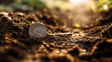 A close-up image of a single coin resting on the rich soil, illuminated by soft sun rays. The photo captures the intricate textures of nature and incorporates themes of growth and investment.の素材