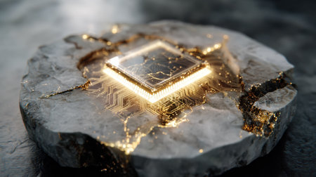 A stunning visual of a glowing microchip set within a rock, featuring intricate circuit design and shimmering light that evokes a futuristic concept.の素材