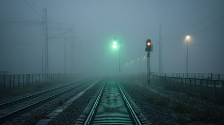 A tranquil view of empty railroad tracks disappearing into thick fog, with a glowing green signal light and distant street lamps creating an enigmatic scene.の素材