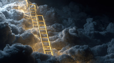 A stunning visual of a glowing ladder emerging from dense, mystical clouds, radiating light and creating a dreamlike atmosphere filled with wonder.の素材