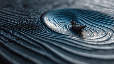 A small boat rests peacefully on a textured water surface, showcasing tranquil waves and ripples in dark blue hues, evoking a sense of calm and serenity.の素材