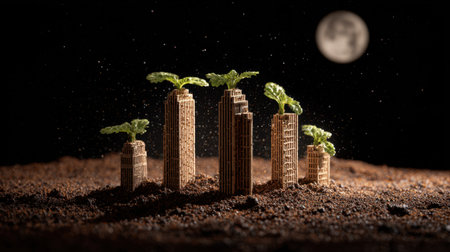 A creative representation of urban growth, featuring cardboard skyscrapers adorned with plant sprouts under a moonlit sky, merging nature and architecture.の素材