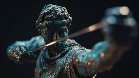 This captivating close-up captures the intense focus of a bronze archer sculpture, showcasing intricate details and craftsmanship against a dark backdrop.の素材