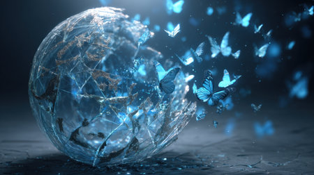 A stunning visual of a shattered glass sphere from which vibrant blue butterflies emerge, symbolizing transformation and freedom.の素材