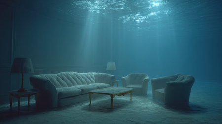 A captivating underwater living room scene featuring a plush couch, stylish chairs, and an elegant lamp, illuminated by gentle sunlight.の素材