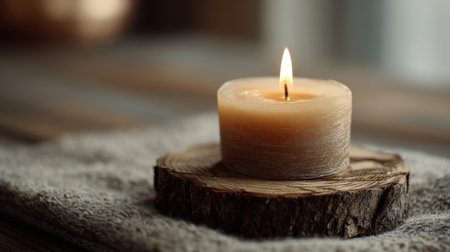 A beautifully lit candle sits atop a wooden slice, surrounded by soft textiles, creating a serene and cozy atmosphere perfect for relaxation and tranquility.の素材