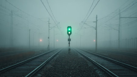 A serene yet eerie scene showcasing train tracks shrouded in fog, highlighted by a striking green signal light that beckons adventure.の素材