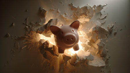A striking image of a piggy bank bursting through a wall, symbolizing unexpected financial breakthroughs and innovative ideas.の素材