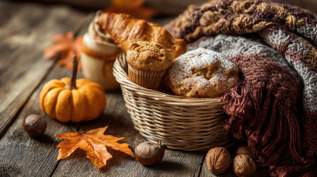 A warm and inviting autumn scene featuring muffins, a croissant, a pumpkin, and nuts nestled in a basket, surrounded by cozy blankets and leaves.の素材