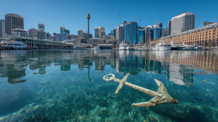This image captures a tranquil harbor scene featuring an ancient anchor resting underwater, framed by a modern city skyline reflecting in the clear water, illustrating the contrast between history and urban development.の素材