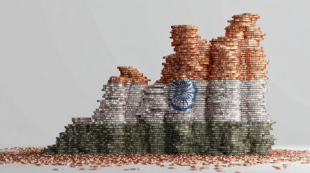 A unique artistic representation of the Indian flag created using stacks of coins on a minimalist background, symbolizing financial growth and national pride.の素材