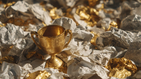 This image showcases a golden trophy elegantly placed on crumpled paper, surrounded by shiny foil textures, embodying luxury and success.の素材